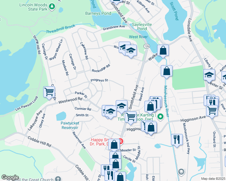 map of restaurants, bars, coffee shops, grocery stores, and more near 38 Progress Street in Lincoln