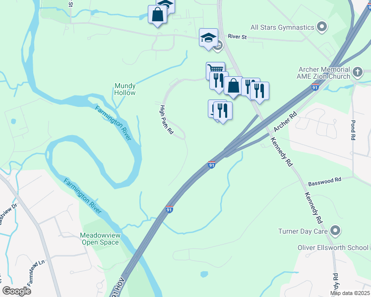 map of restaurants, bars, coffee shops, grocery stores, and more near 1000 High Path Road in Windsor