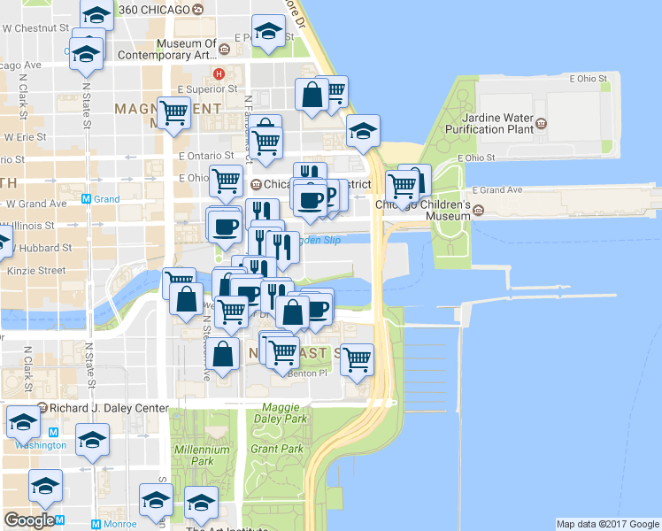 map of restaurants, bars, coffee shops, grocery stores, and more near 657 East North Water Street in Chicago