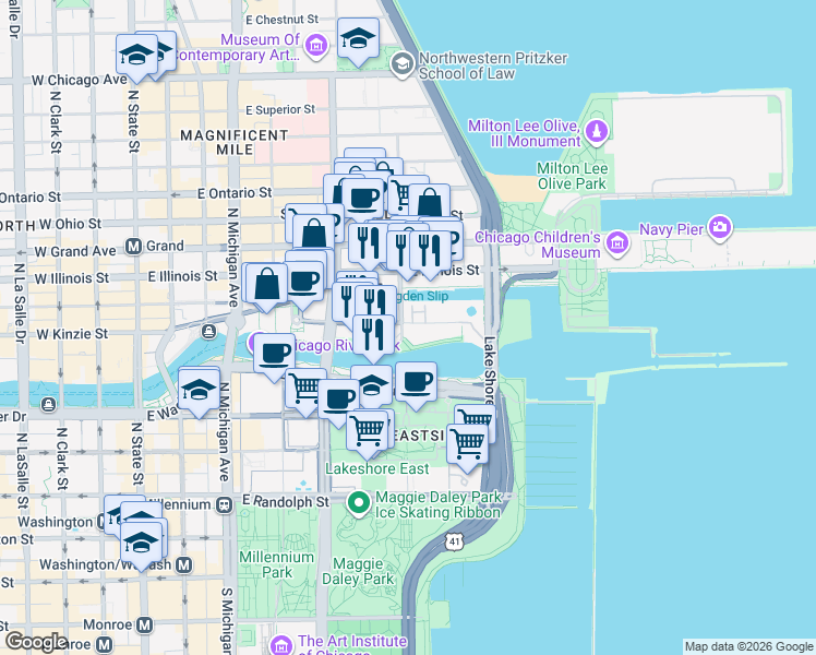 map of restaurants, bars, coffee shops, grocery stores, and more near in Chicago