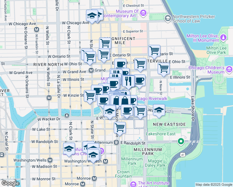 map of restaurants, bars, coffee shops, grocery stores, and more near 401N Michigan Avenue in Chicago