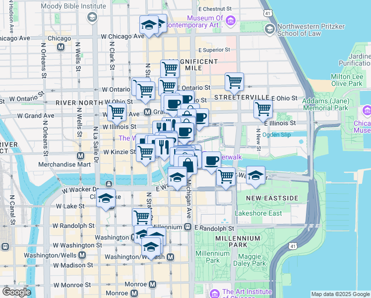 map of restaurants, bars, coffee shops, grocery stores, and more near 405 n Wabash Ave` in Chicago