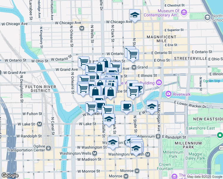 map of restaurants, bars, coffee shops, grocery stores, and more near 113 West Kinzie Street in Chicago