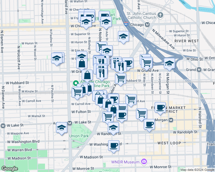 map of restaurants, bars, coffee shops, grocery stores, and more near 409 North Noble Street in Chicago