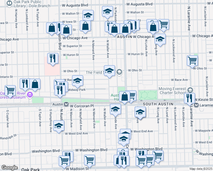 map of restaurants, bars, coffee shops, grocery stores, and more near 5701 West Midway Park in Chicago