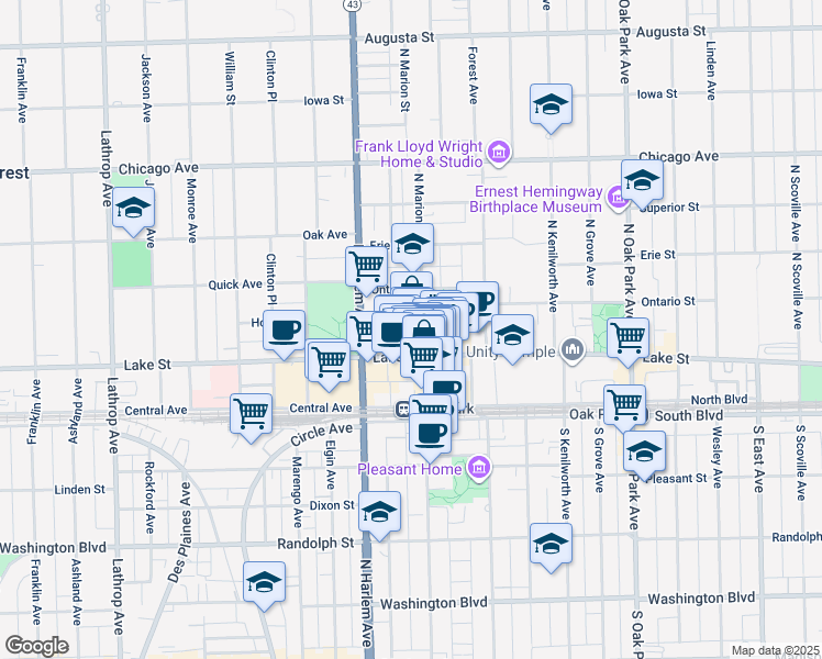 map of restaurants, bars, coffee shops, grocery stores, and more near 1048 Lake Street in Oak Park
