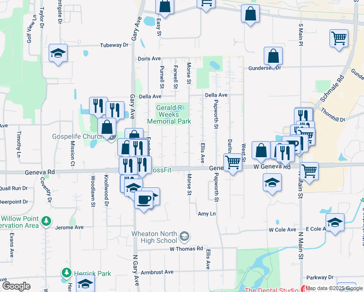 map of restaurants, bars, coffee shops, grocery stores, and more near 1N051 Farwell Street in Carol Stream