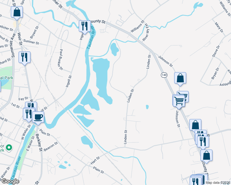 map of restaurants, bars, coffee shops, grocery stores, and more near 1303 Carriage Lane in Taunton
