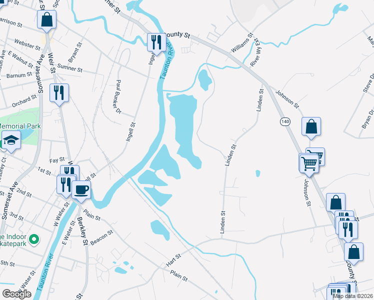 map of restaurants, bars, coffee shops, grocery stores, and more near 308 Carriage Lane in Taunton