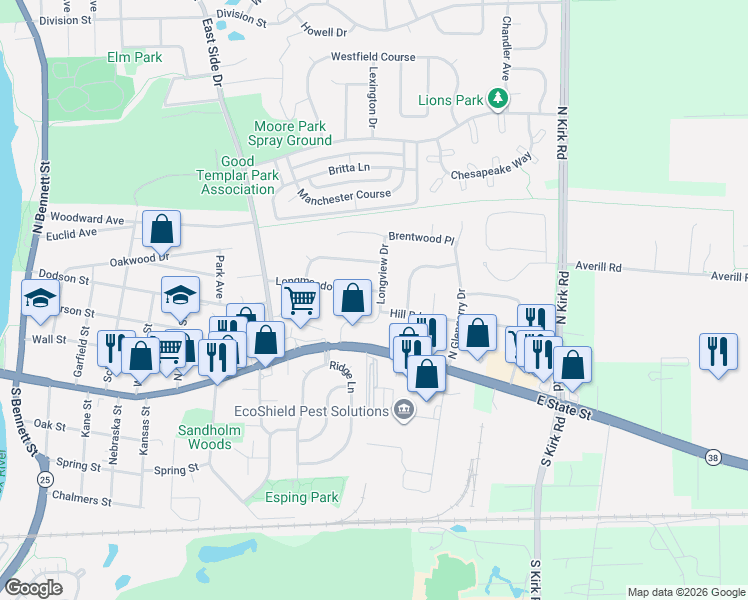 map of restaurants, bars, coffee shops, grocery stores, and more near 220 Longview Drive in Geneva