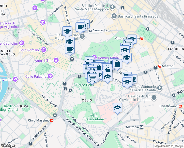 map of restaurants, bars, coffee shops, grocery stores, and more near 63 Via dei Santissimi Quattro in Rome