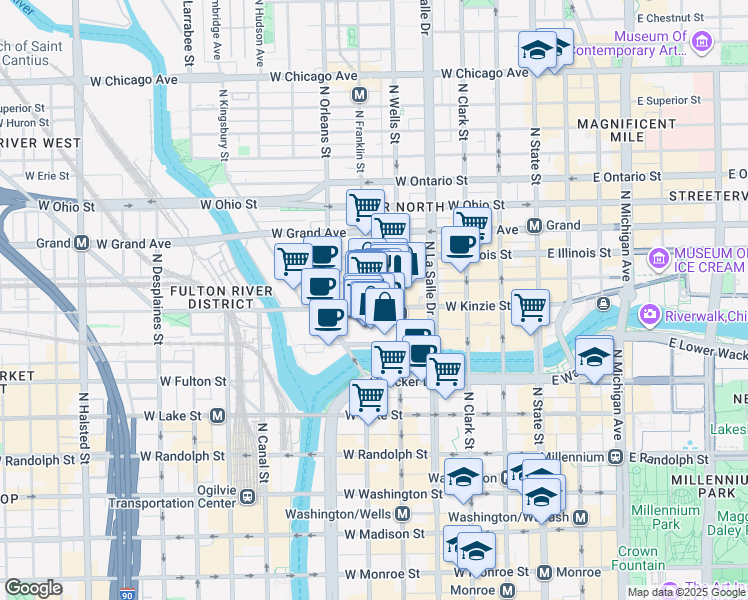 map of restaurants, bars, coffee shops, grocery stores, and more near 470 West Merchandise Mart Plaza in Chicago