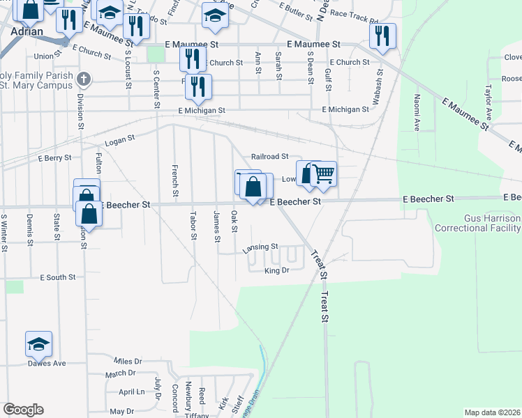 map of restaurants, bars, coffee shops, grocery stores, and more near 944 East Beecher Street in Adrian