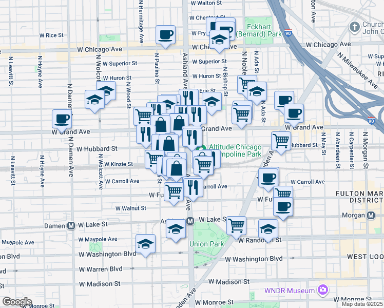 map of restaurants, bars, coffee shops, grocery stores, and more near 400 North Ashland Avenue in Chicago