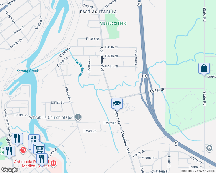 map of restaurants, bars, coffee shops, grocery stores, and more near 1907 Columbus Avenue in Ashtabula