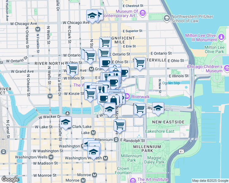 map of restaurants, bars, coffee shops, grocery stores, and more near 405 n Wabash Ave` in Chicago