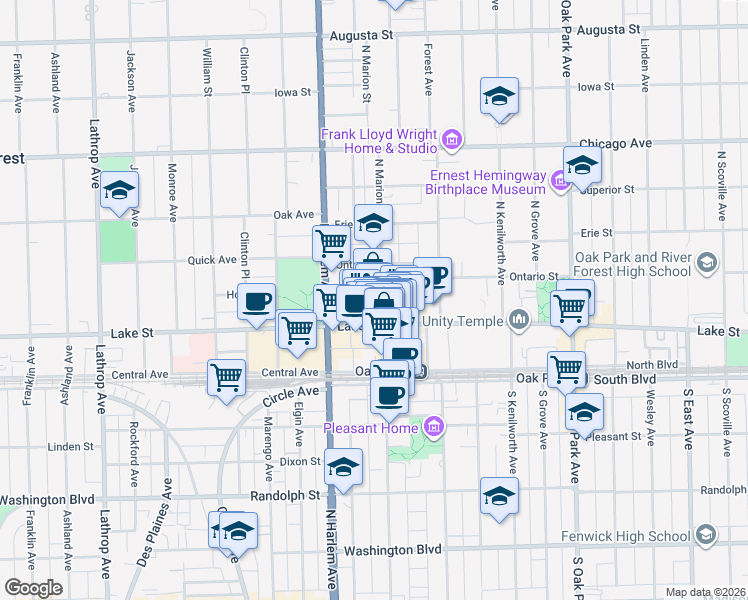 map of restaurants, bars, coffee shops, grocery stores, and more near 1103 Holley Court in Oak Park