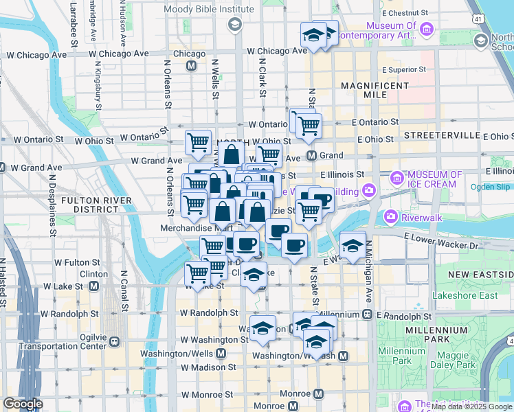 map of restaurants, bars, coffee shops, grocery stores, and more near 113 West Kinzie Street in Chicago