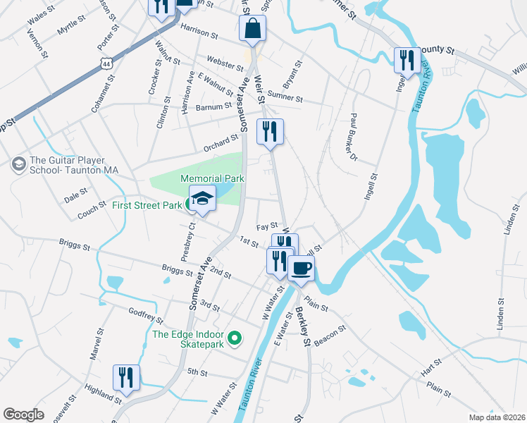 map of restaurants, bars, coffee shops, grocery stores, and more near 11 Fay Street in Taunton