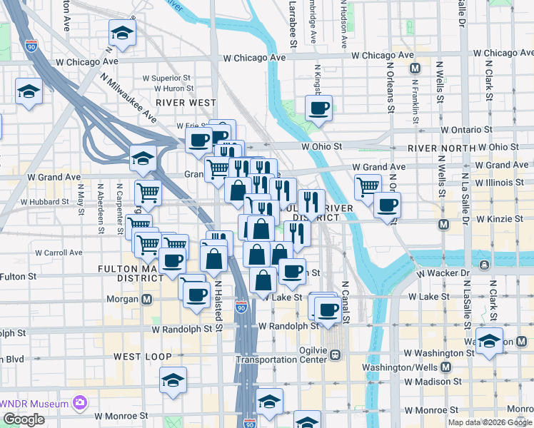 map of restaurants, bars, coffee shops, grocery stores, and more near 409 North Milwaukee Avenue in Chicago