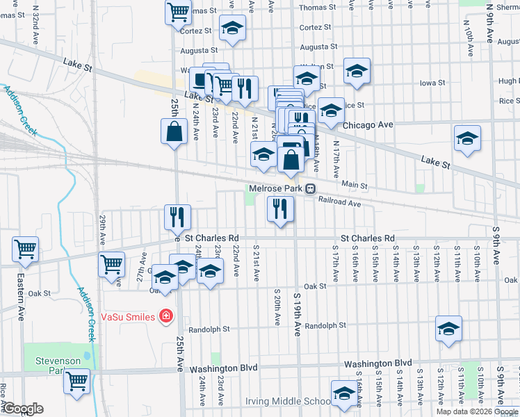 map of restaurants, bars, coffee shops, grocery stores, and more near 17 South 21st Avenue in Maywood