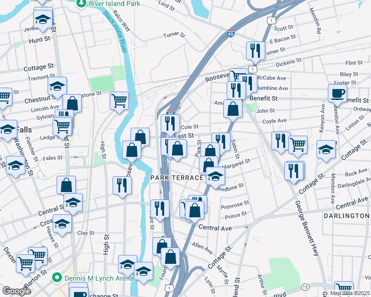 map of restaurants, bars, coffee shops, grocery stores, and more near 37 Gooding Street in Pawtucket