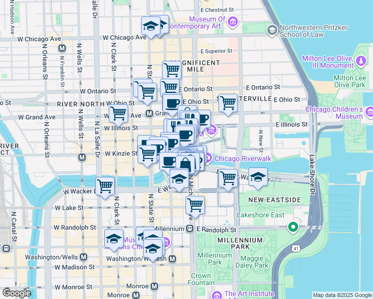 map of restaurants, bars, coffee shops, grocery stores, and more near 400 North Michigan Avenue in Chicago
