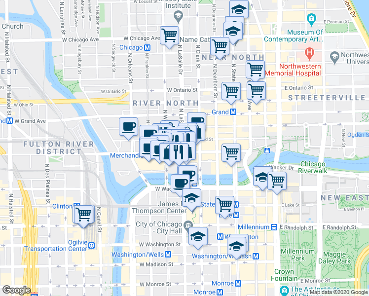 map of restaurants, bars, coffee shops, grocery stores, and more near 411 North La Salle Drive in Chicago