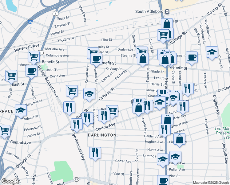 map of restaurants, bars, coffee shops, grocery stores, and more near 35 Chaplin Street in Pawtucket