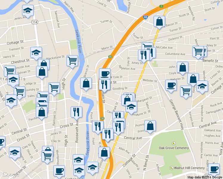 map of restaurants, bars, coffee shops, grocery stores, and more near 78 1/2 Japonica Street in Pawtucket