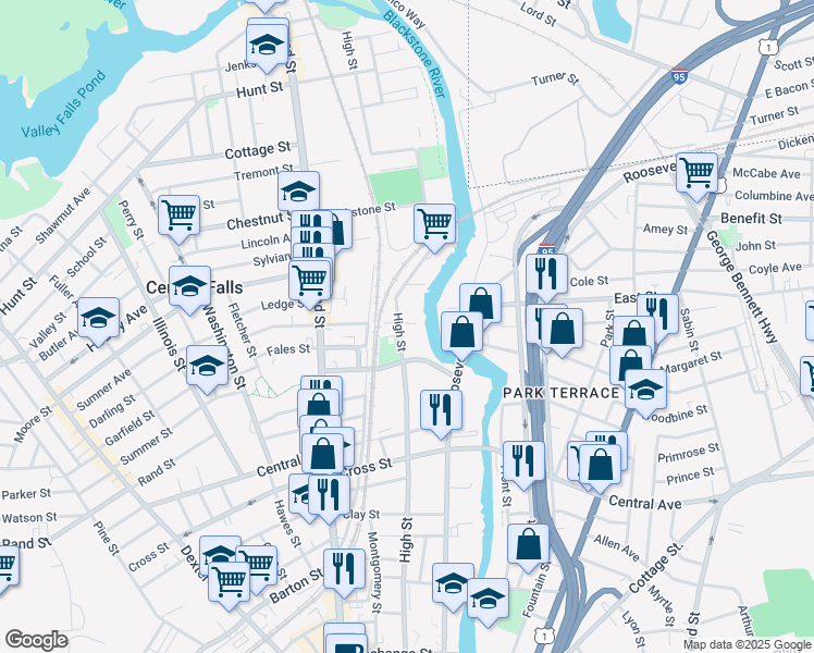 map of restaurants, bars, coffee shops, grocery stores, and more near 37 Charles Street in Central Falls