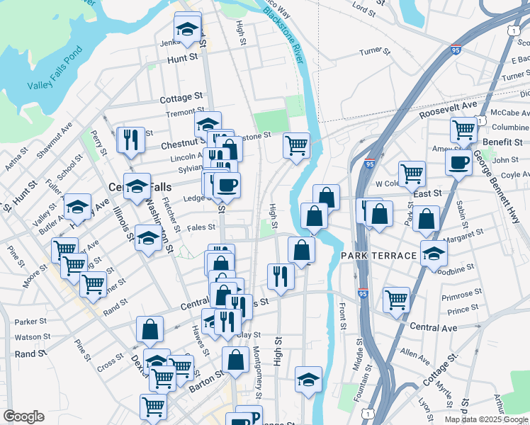 map of restaurants, bars, coffee shops, grocery stores, and more near 15 George Street in Central Falls