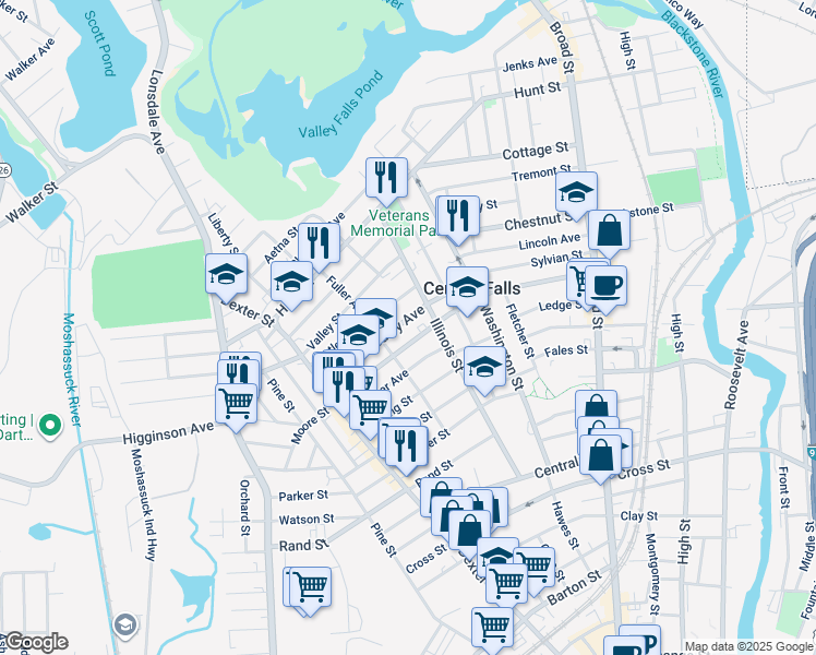 map of restaurants, bars, coffee shops, grocery stores, and more near 120 Hedley Avenue in Central Falls