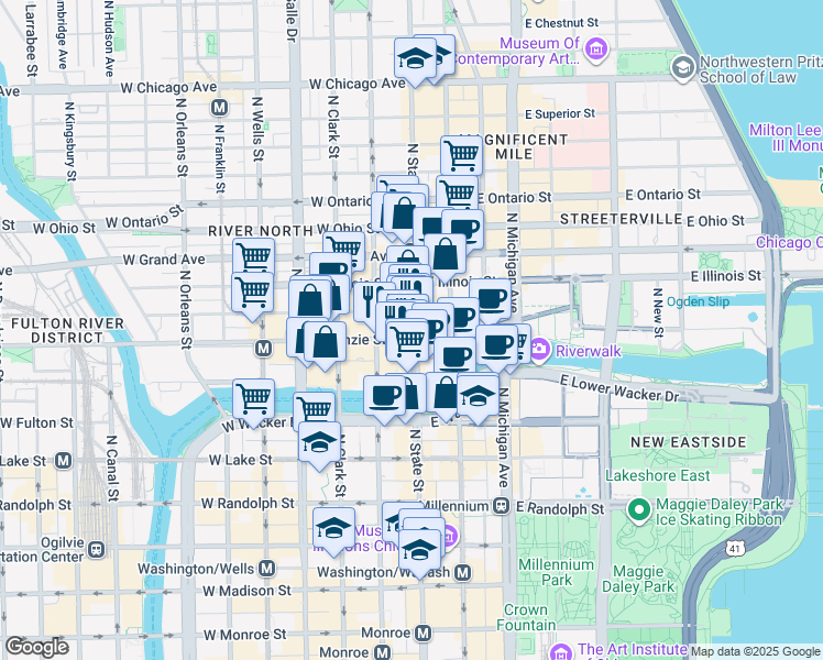 map of restaurants, bars, coffee shops, grocery stores, and more near 329 North Dearborn Street in Chicago