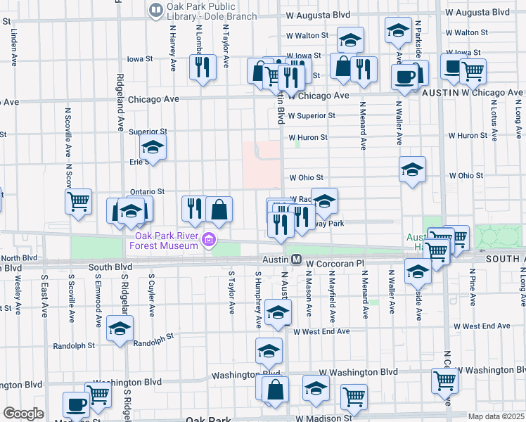 map of restaurants, bars, coffee shops, grocery stores, and more near 444 North Austin Boulevard in Oak Park