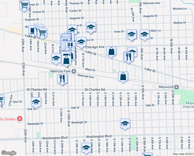 map of restaurants, bars, coffee shops, grocery stores, and more near 18 South 15th Avenue in Maywood