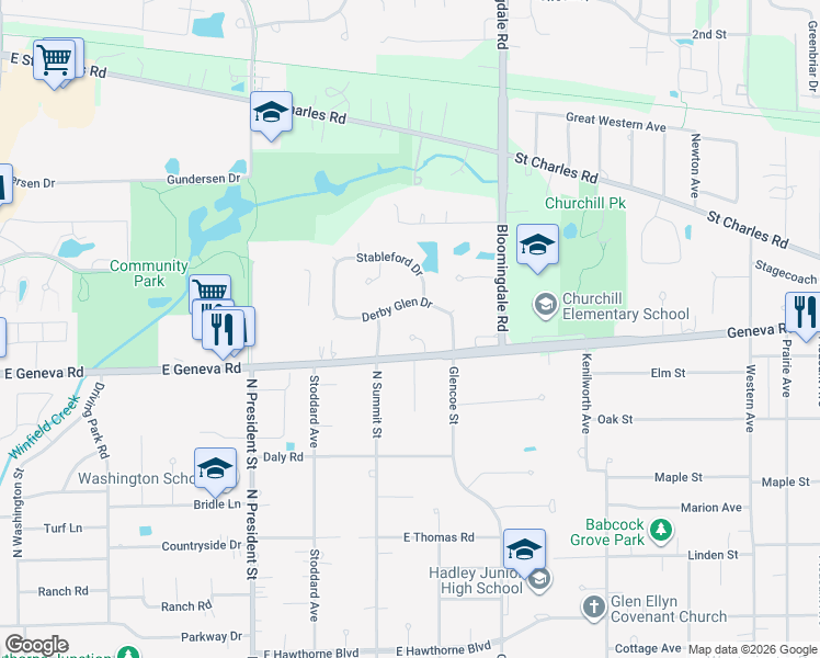 map of restaurants, bars, coffee shops, grocery stores, and more near 835 Avon Court in Glen Ellyn