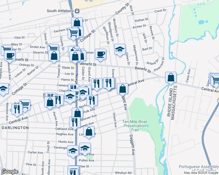 map of restaurants, bars, coffee shops, grocery stores, and more near 887 Central Avenue in Pawtucket