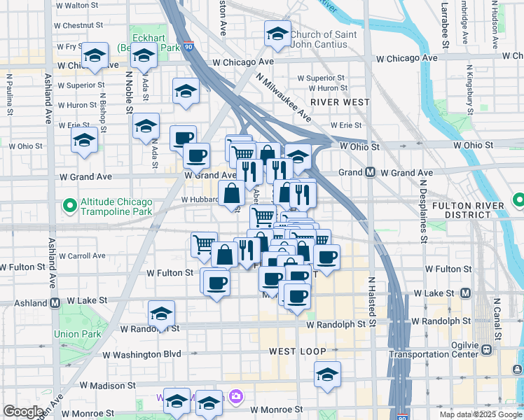 map of restaurants, bars, coffee shops, grocery stores, and more near 1046 West Kinzie Street in Chicago