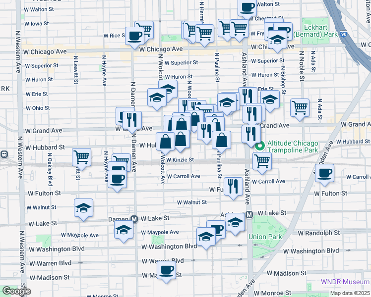 map of restaurants, bars, coffee shops, grocery stores, and more near 406 North Wood Street in Chicago