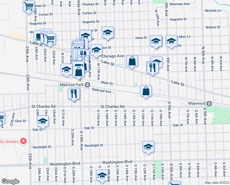 map of restaurants, bars, coffee shops, grocery stores, and more near 18 South 15th Avenue in Maywood