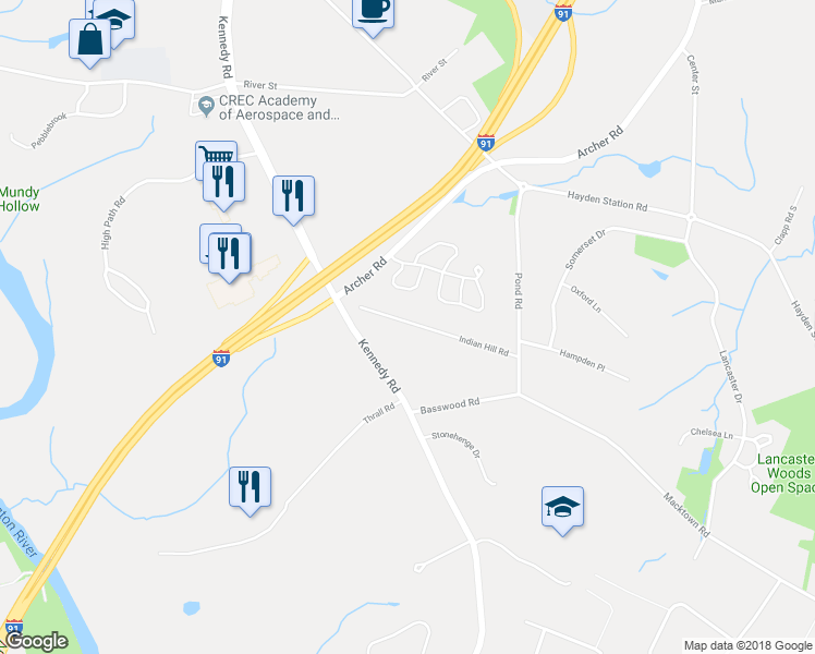 map of restaurants, bars, coffee shops, grocery stores, and more near 93 Indian Hill Road in Windsor
