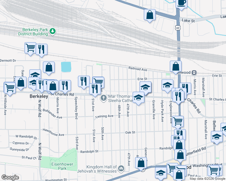 map of restaurants, bars, coffee shops, grocery stores, and more near 4807 Saint Charles Road in Bellwood