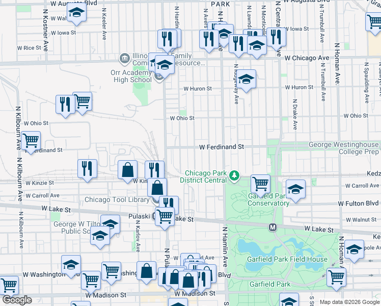 map of restaurants, bars, coffee shops, grocery stores, and more near 435 North Harding Avenue in Chicago