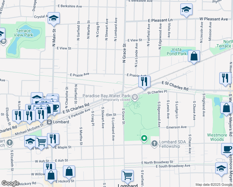 map of restaurants, bars, coffee shops, grocery stores, and more near 400 E St Charles Rd in Lombard