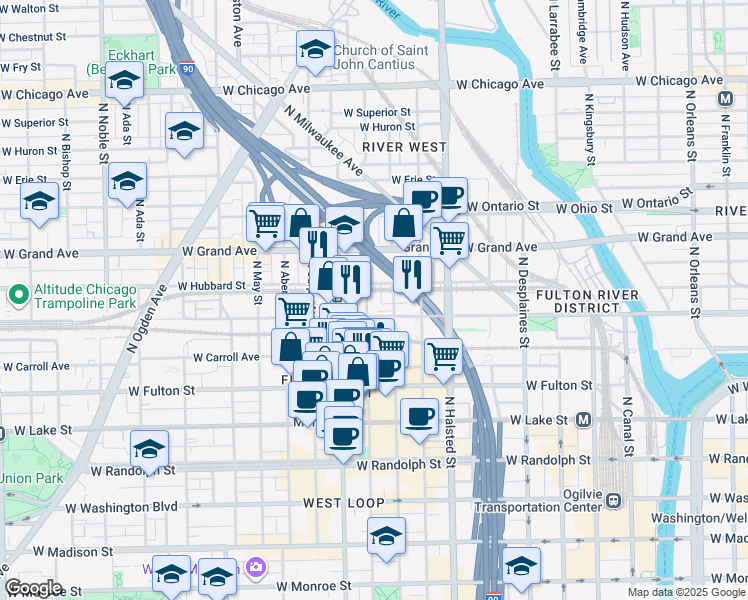 map of restaurants, bars, coffee shops, grocery stores, and more near 933 West Kinzie Street in Chicago