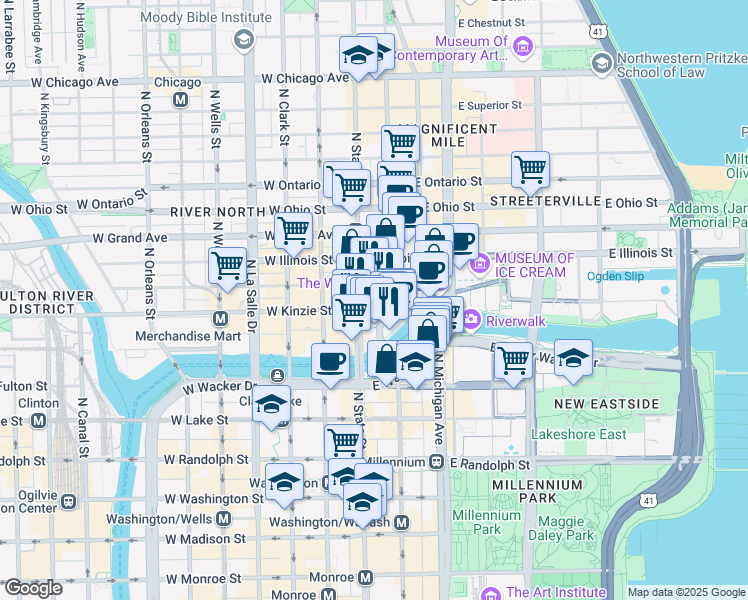 map of restaurants, bars, coffee shops, grocery stores, and more near 1782 East Kinzie Street in Chicago