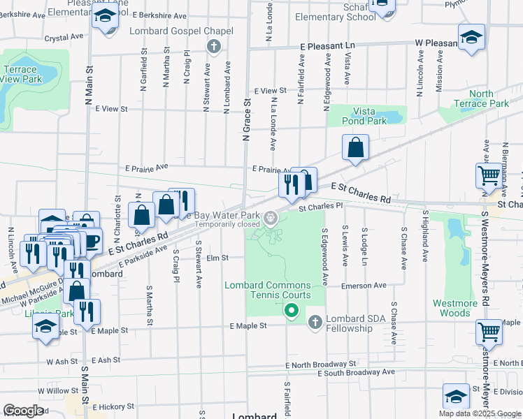 map of restaurants, bars, coffee shops, grocery stores, and more near 400 East Saint Charles Road in Lombard
