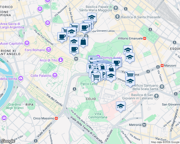 map of restaurants, bars, coffee shops, grocery stores, and more near 2 Piazza del Colosseo in Rome