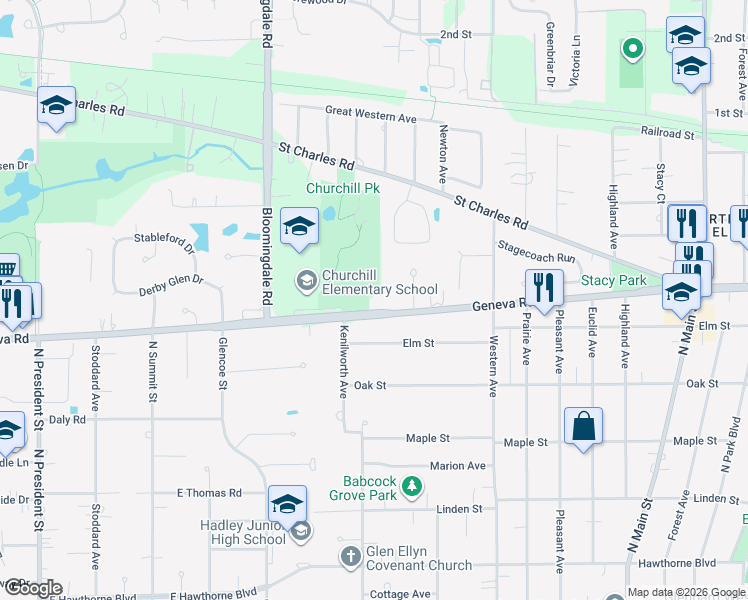map of restaurants, bars, coffee shops, grocery stores, and more near 311 Geneva Road in Glen Ellyn